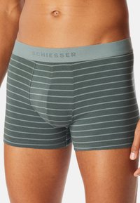 Boxer aderenti da uomo, verde scuro con strisce orizzontali grigio chiaro, fabbricati in una morbida miscela di cotone, con un cinturino elastico brandizzato.