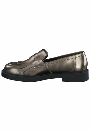 Metallilised pronksist loafertid, millel on frantsi aktsendid ja ümar varvas. Varustatud lame musta tallaga, millel on sile nahktekstuur.