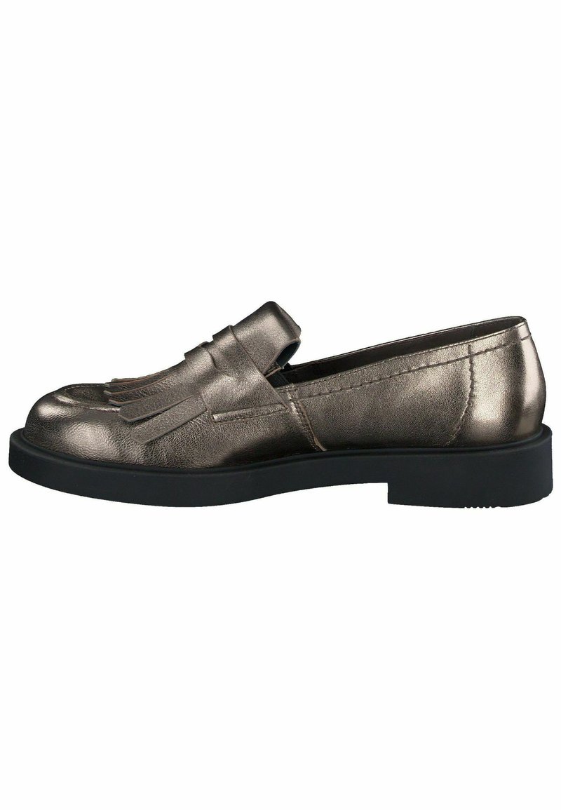 Metallilised pronksist loafertid, millel on frantsi aktsendid ja ümar varvas. Varustatud lame musta tallaga, millel on sile nahktekstuur.