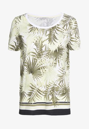 Short-sleeve white top with a green palm leaf print and metallic accents, featuring a round neck and a solid black stripe at the hem.
