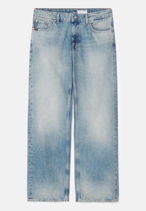 Jasnoniebieskie dżinsy typu wide-leg z wyblakłym wzorem, pięcioma kieszeniami i zapięciem na guzik. Prosty krój z postrzępionym mankietem.