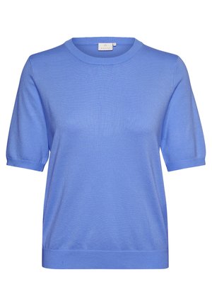Pull en tricot bleu clair à manches courtes, col rond, avec des bords côtelés aux poignets et à l'ourlet, présentant une texture lisse et un design simple.