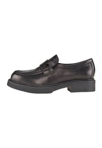 Schwarzer Lederloafer mit glatter Oberfläche, abgerundetem Zehenbereich und einem Vordersteg. Verfügt über einen niedrigen Blockabsatz und minimalistische Nähedetails.