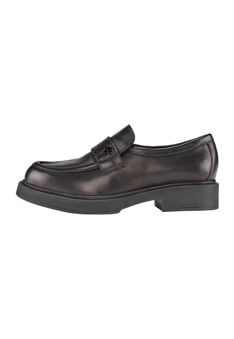 Schwarzer Lederloafer mit glatter Oberfläche, abgerundetem Zehenbereich und einem Vordersteg. Verfügt über einen niedrigen Blockabsatz und minimalistische Nähedetails.