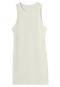 Žebrované šaty bez rukávů ve světle krémové barvě. Mají kulatý výstřih a přiléhavý střih. Měkká struktura a hladká tkanina.