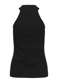 Haut sans manches noir côtelé avec un col montant et un style dos nageur, présenté sur un fond blanc.