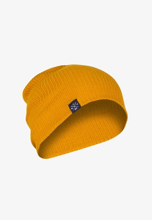 Yellow knit beanie with a textured pattern, featuring a folded brim and a small black tag with white symbols on the side.