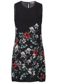 Schwarzes ärmelloses Kleid mit Blumenmustern in Rot, Weiß und Grün, mit einem runden Ausschnitt und einer Rückenschlitzöffnung.