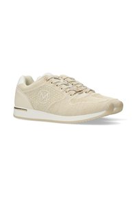 Ljusbeige sneakers med vävt mönster, rund tå och kontrasterande vit sula. Har en logotyp på sidan och platta skosnören.