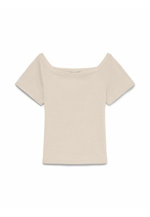 Beige, geribd, gebreid, kort mouwen top met een brede vierkante halslijn en een aansluitend silhouet.