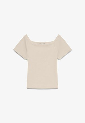 Beige, geribd, gebreid, kort mouwen top met een brede vierkante halslijn en een aansluitend silhouet.