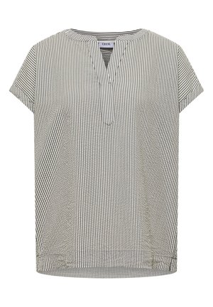 Beige- ja valkoraidallinen lyhythihainen pusero, jossa notkokaula-aukko ja väljälaskettu istuvuus.