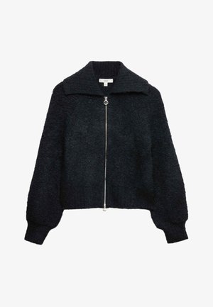 Afgekorte zwarte fleecejack met een brede kraag, lange pofmouwen en een ritssluiting aan de voorkant met een ronde trekker. Zachte textuur.