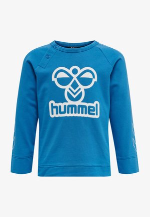 Niebieski bawełniany długi rękaw sweatshirt z białym logo zawierającym stylizowany motyw pszczoły i tekst. Zapięcie na zatrzask w okolicy szyi; ściągacze przy mankietach.