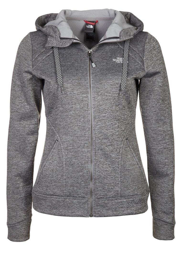 Šedá mikina na zip se kontrastní světle šedou kapucí, šňůrkami s kostkovaným vzorem a předními kapsami. Měkká, strukturovaná látka.