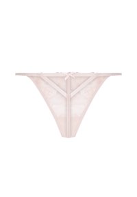 Lace string in lichtroze met bloemenpatronen, een doorschijnend paneel, dunne bandjes en een strikdetail in het midden.