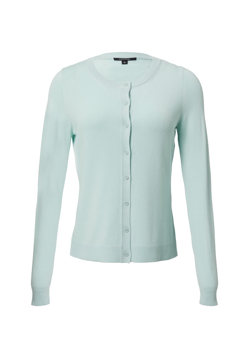 Hellgrüner Cardigan aus weichem Material, mit rundem Ausschnitt, langen Ärmeln und einer Frontknopfverschluss.