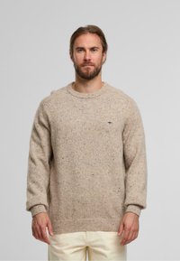 Beiger Strickpullover mit Rundhalsausschnitt, gerippten Bündchen und Saum. Er hat ein dezentes gesprenkeltes Muster in verschiedenen Farben.