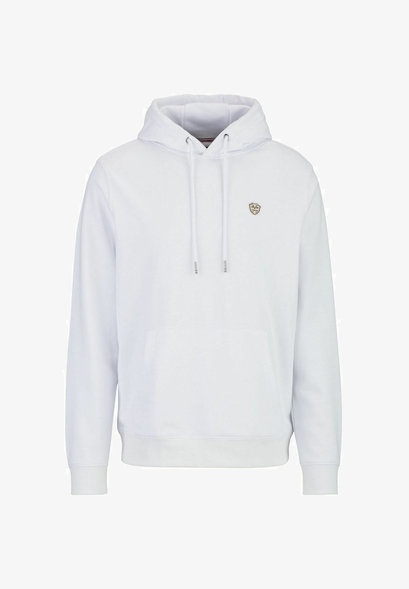 White hooded sweatshirt made of soft fabric, featuring a front pocket, drawstrings, and a small logo patch on the chest.