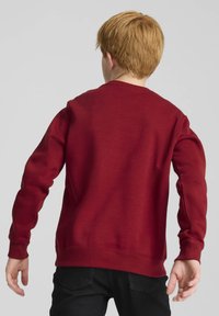 Sudadera color marrón con manga larga, puños y cinturilla acanalados. Textura suave, cuello redondo clásico y diseño sencillo. Pantalones negros visibles.