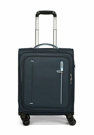 Valise rigide marine avec poignée rétractable, deux roues, poche zippée à l'avant et accents de fermeture éclair bleu clair. Texture lisse.