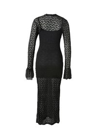 Robe en dentelle noire à manches longues, dotée d'une silhouette ajustée, de poignets évasés et d'un design transparent s'étendant jusqu'aux chevilles.