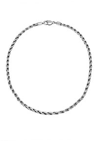 Sølv kædedesign med snoet led, sikker lobsterlukning og glat metaloverflade, egnet til forskellige stilarter.