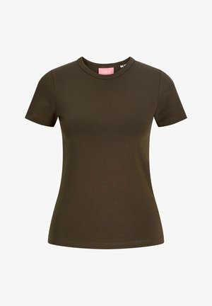 Short-sleeve fitted dark olive green crew neck T-shirt with plain design and visible pink brand label inside neckline.
