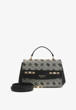 Sac à main noir et gris avec un motif monogramme, une forme structurée, des accents en métal doré et une bandoulière amovible.