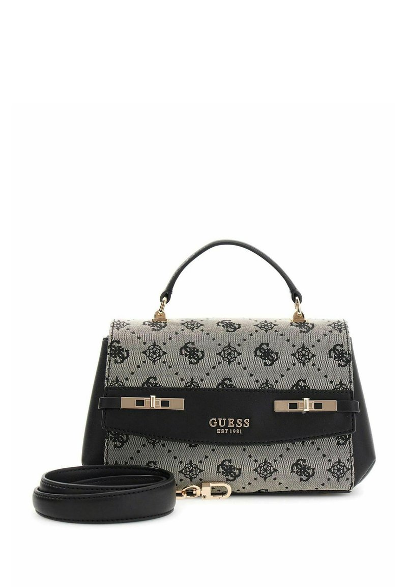 Sac à main noir et gris avec un motif monogramme, une forme structurée, des accents en métal doré et une bandoulière amovible.