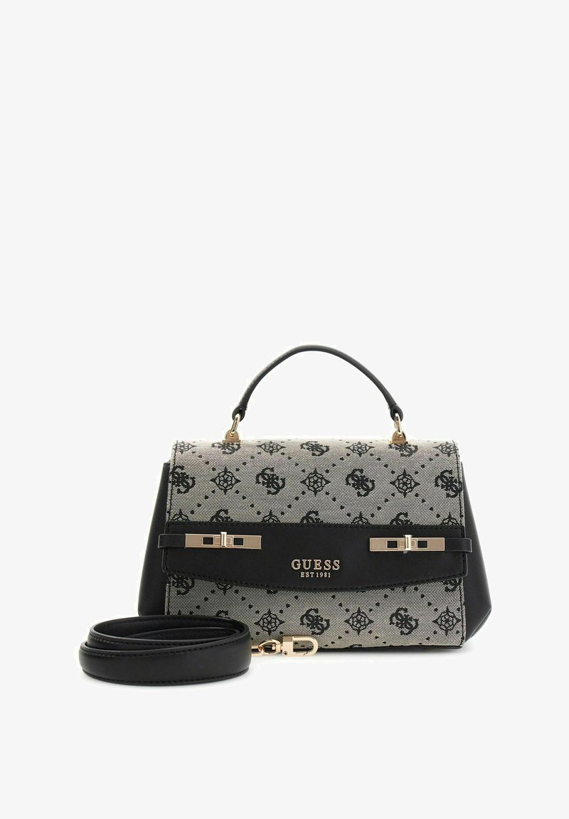 Sac à main noir et gris avec un motif monogramme, une forme structurée, des accents en métal doré et une bandoulière amovible.