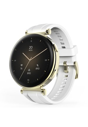 Rund um goldfarbenen Rahmen mit weißem Silikonarmband, das Uhrzeit, Datum, Herzfrequenz, verbrannte Kalorien und Schrittzahl auf schwarzem Bildschirm anzeigt.