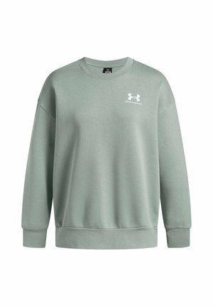 Zielony sweter wykonany z bawełny, w luźnym fasonie, z okrągłym dekoltem, długimi rękawami i białym logo na piersi. Gładka tekstura.