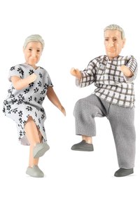 Dwie figurki: jedna w sukience w kwiatowy wzór i szarych butach, druga w koszuli w kratę i szarych spodniach, obie uśmiechnięte.