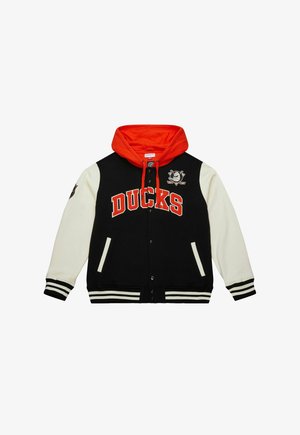 Black and cream varsity jacket with an orange hood, featuring "DUCKS" lettering, side pockets, and striped cuffs and hem. Emblem on chest.