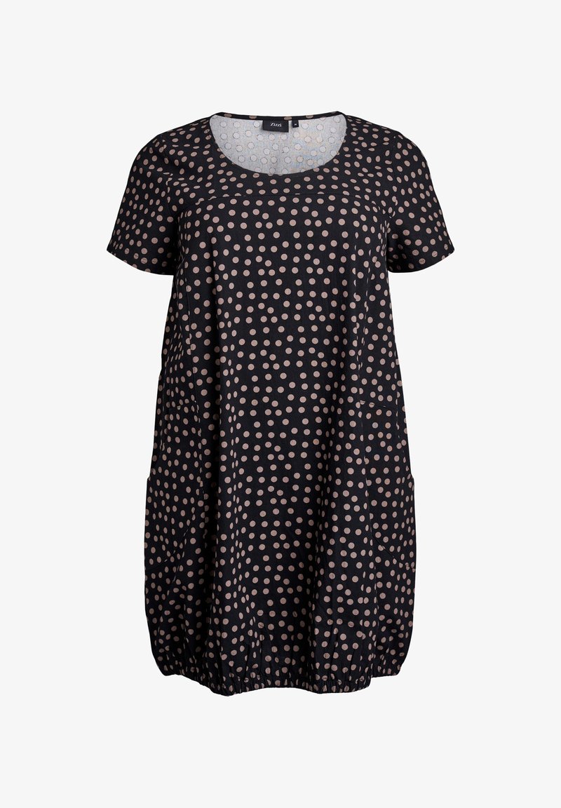 Must mustriga kleit lühikeste varrukatega, ümar kaelus ja elastne allserv. Omab suuri beeži täppe ja lahedat, mugavat lõiget.