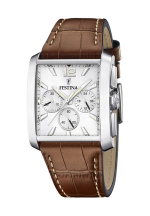 Festina ručni sat s kvadratnim srebrnim kućištem, bijelim brojčanikom, smešnim kožnim remenom s uzorkom krokodila, kronografskim podbrojevima i žutim akcentima.