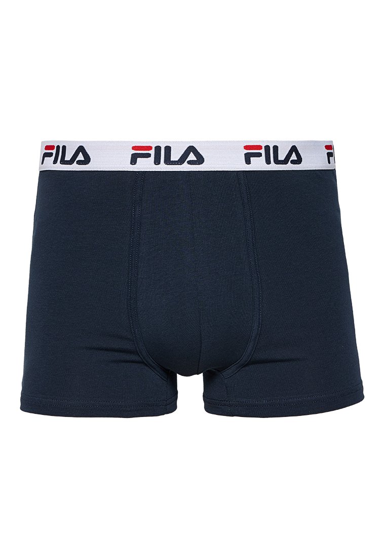 Boxer shorts bleu marine en tissu doux avec une ceinture blanche arborant le logo "FILA" en noir et rouge. Élastique pour le confort et l'ajustement.