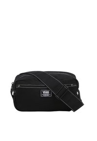 Borsa a spalla nera in canvas con cuciture bianche, tracolla regolabile, compartimenti con zip e un patch con il logo Vans sul fronte.