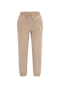 Beige sztreccsnadrág elasztikus derékrésszel, húzózsinórral és megkötött bokákkal. A bal combon diszkrét logó található. Sima szövetfelület.
