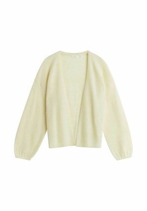 Jasnożółty kardigan z głębokim dekoltem w serek, długimi bufkami na rękawach i miękką teksturą. Otwarty przód, uniwersalny do warstwowego noszenia.