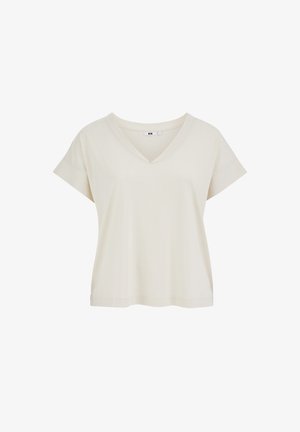 Svijetlo bež kratkih rukava majica s V-izrezom, izrađena od mekanog materijala, s opuštenim krojem i minimalnim šavovima uz rub i rukave.