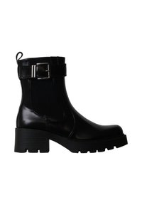 Bottine en cuir noire avec talon épais, bride latérale à boucle, panneau élastique et languette à l'arrière.