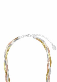 Collana a catena attorcigliata tricolore con tonalità oro, argento e oro rosa, dotata di un moschettone argento e una catena di estensione regolabile.