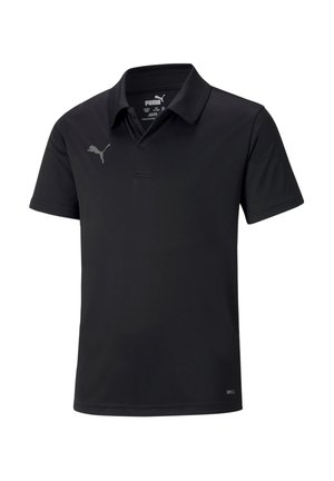 Schwarzes Polohemd aus leichtem, glattem Stoff. Mit Kragen, kurzen Ärmeln und einem reflektierenden grauen Logo auf der linken Brust.