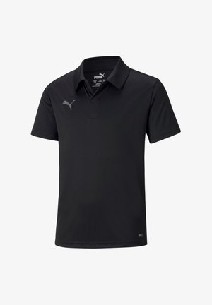 Zwarte polo shirt gemaakt van lichte, soepele stof. Heeft een kraag, korte mouwen en een reflecterend grijs logo op de linkerborst.