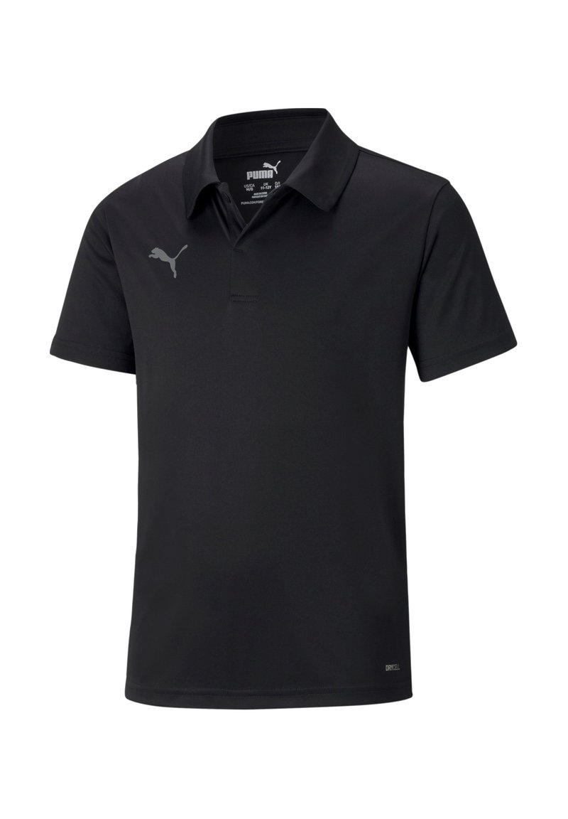 Zwarte polo shirt gemaakt van lichte, soepele stof. Heeft een kraag, korte mouwen en een reflecterend grijs logo op de linkerborst.