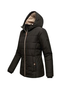 Black puffer jacket with a hood, featuring a zip closure, side pockets, rose gold accents, and a beige fleece lining.