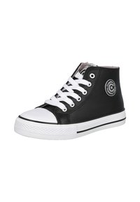 Zapatilla alta negra hecha de material sintético, con cordones blancos, puntera redonda blanca y un acento de logo circular negro en el lateral.