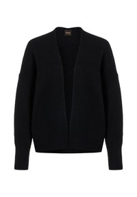 Cardigan noir en maille avec un devant ouvert, des manches larges et des poignets côtelés. Texture douce, design minimaliste, sans fermetures apparentes ni motifs.